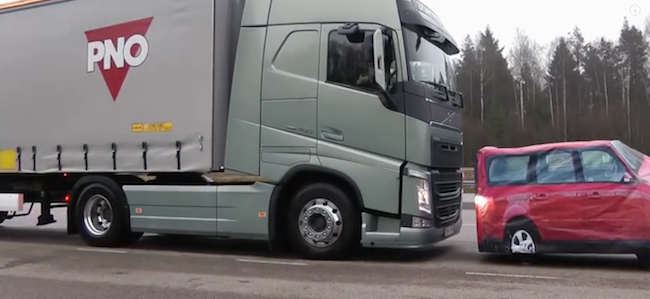 Volvo shows auto braking system for semi-truck crash prevention 